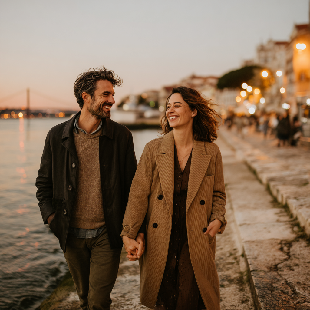 pareja feliz caminando al lado del mar