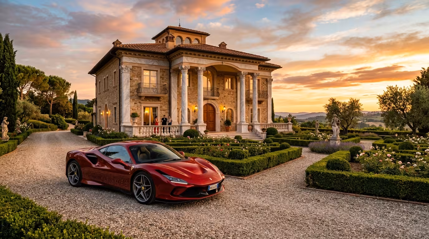 Sugar Daddy Rico Portugal - Carro de luxo em frente a uma villa europeia