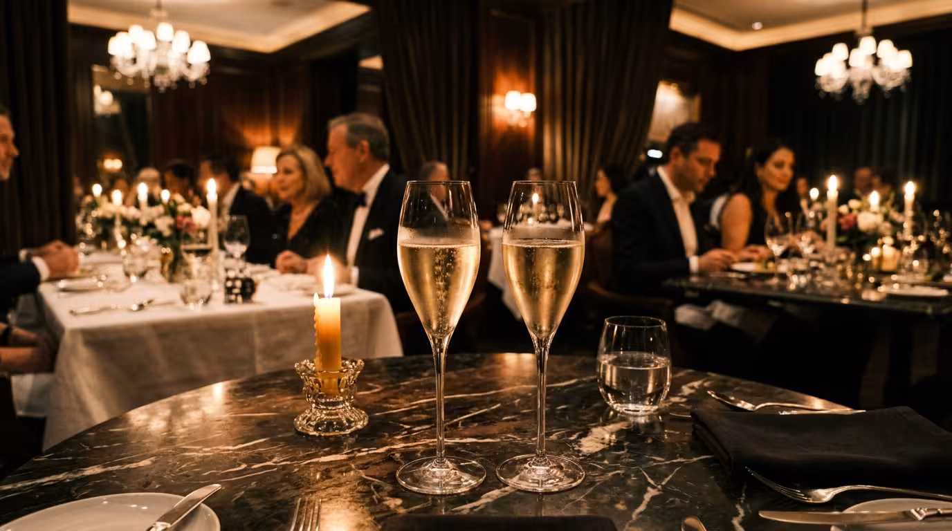 Regras Sugar Daddy - Tacas de champanhe numa mesa de marmore em jantar de luxo