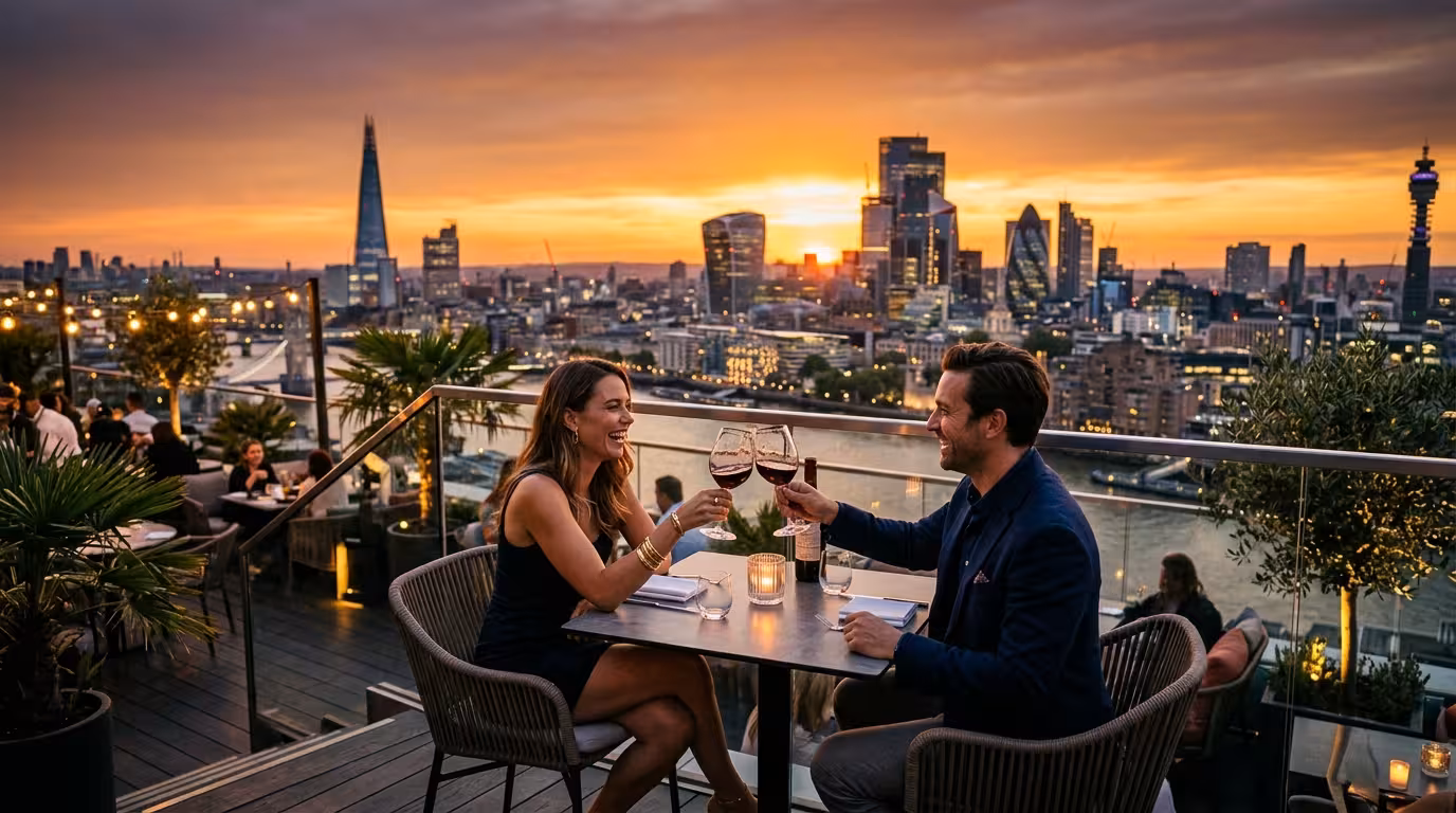 Relacoes Sugar - Dois copos de vinho a brindar ao por do sol num terraco com vista para a cidade