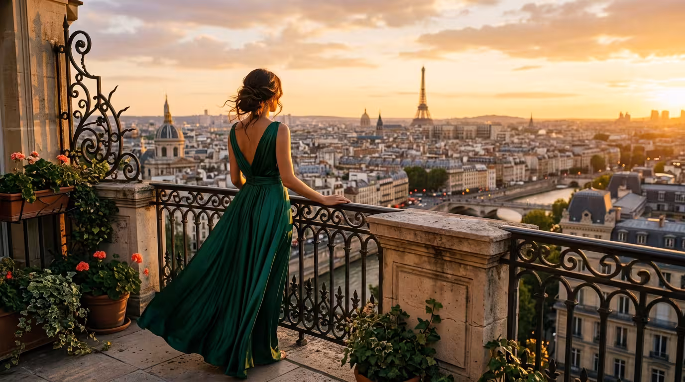 Sugar Baby Guia Completa - Mulher elegante a olhar sobre cidade europeia ao por do sol