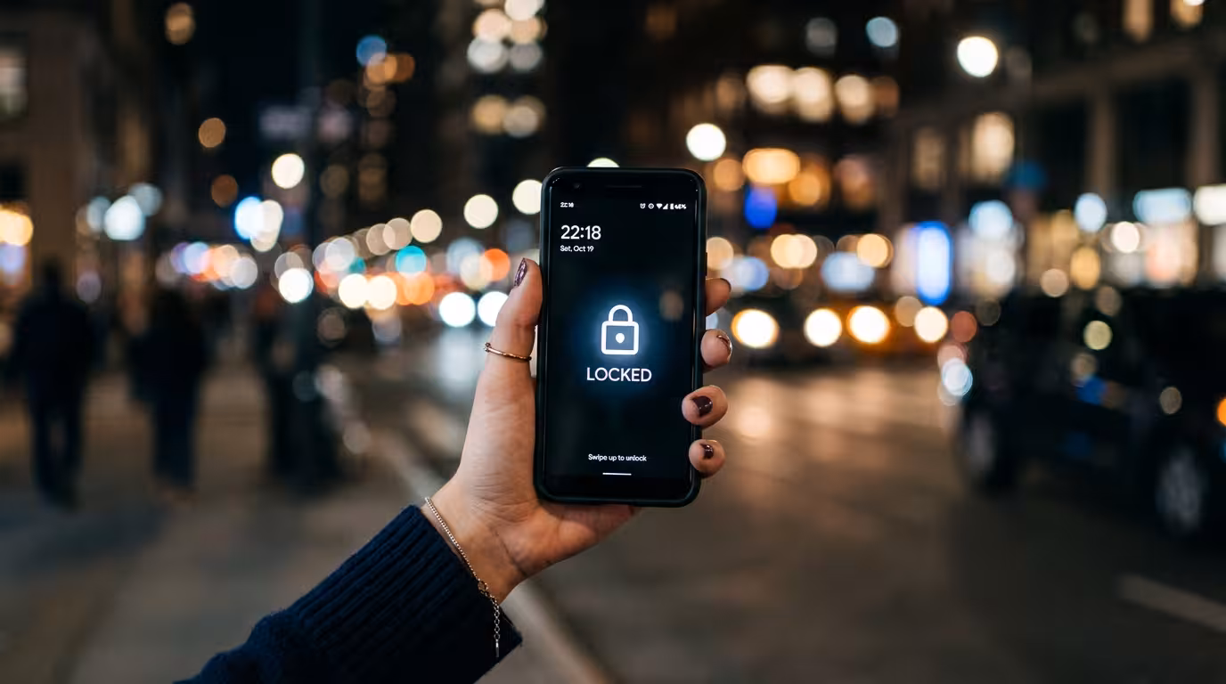 Seguranca Sugar Baby - Mao feminina com smartphone e icone de seguranca