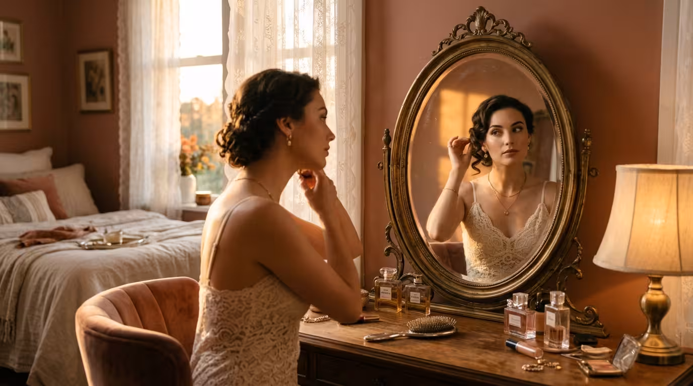 Primeiro Encontro Sugar Baby - Mulher elegante a preparar-se em frente ao espelho