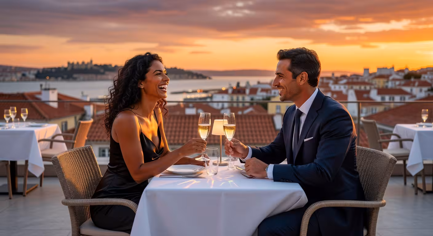 Momento descontraído e divertido durante jantar de luxo com vista sobre Lisboa