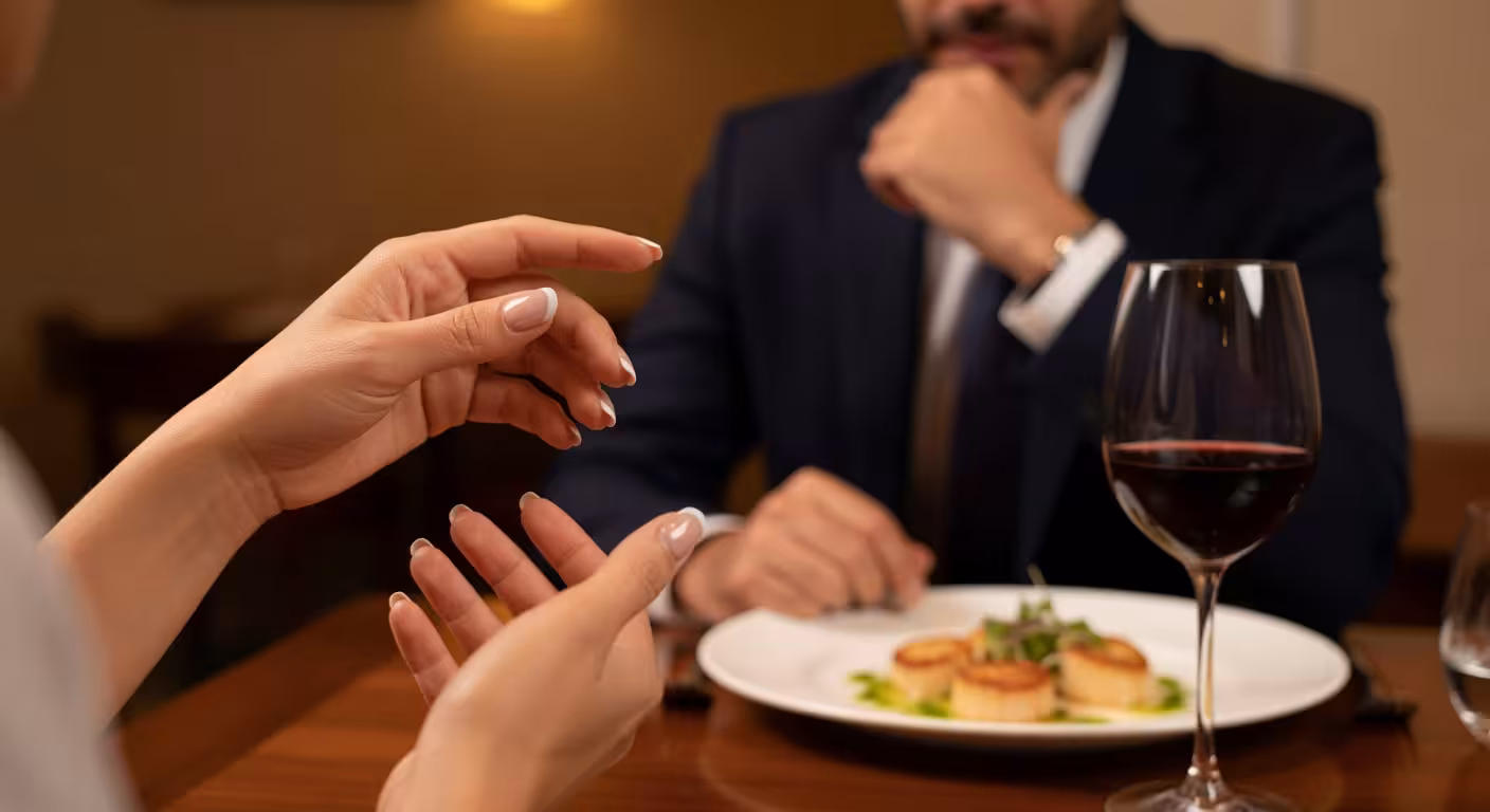 Gestos expressivos durante conversa envolvente num jantar sofisticado