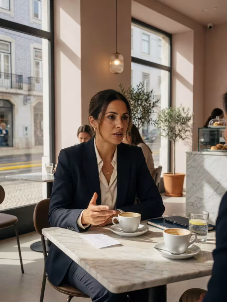Como Pedir Mesada ao Sugar Daddy: Guia Sem Tabus Mulher portuguesa elegante a ter conversa séria num café sofisticado de Lisboa