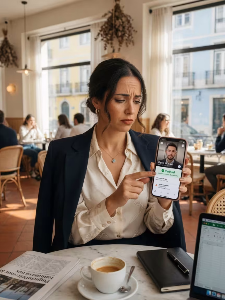 Red Flags no Sugar Dating: 12 Sinais de Alerta Que Não Podes Ignorar Mulher a verificar perfil de sugar dating no telemóvel com atenção aos sinais de alerta