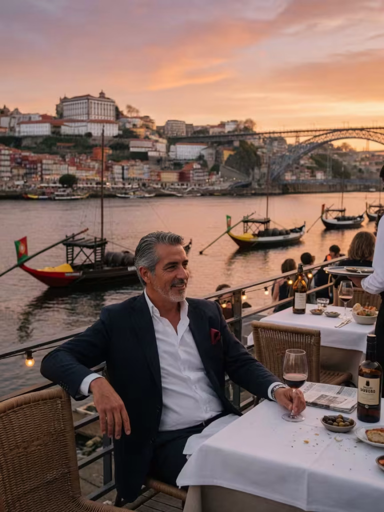 Solteiro e Com Mais de 50? Descobre Como Uma Relação Sugar Pode Transformar Esta Fase da Tua Vida Homem português elegante aos 50 anos num jantar sofisticado no Porto com vista para o Douro