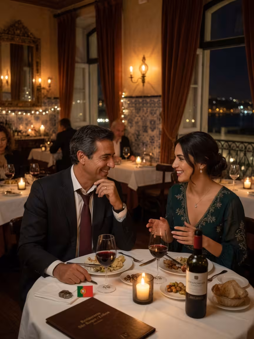Casal em jantar romântico num restaurante sofisticado em Lisboa
