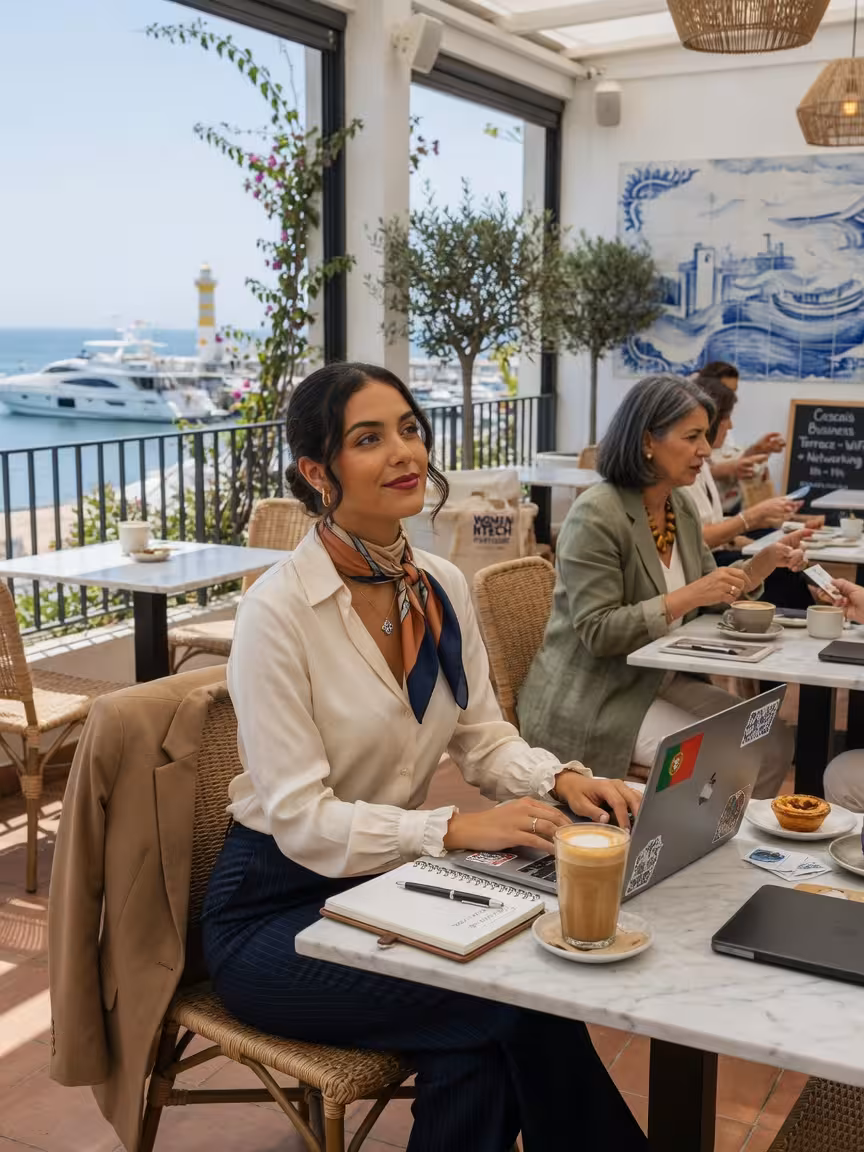 Jovem portuguesa a trabalhar num café em Cascais com ambiente profissional