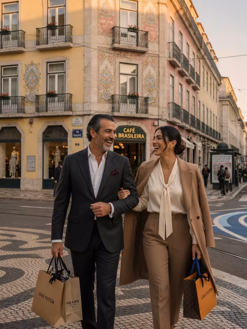 Casal sofisticado a passear pelo Chiado em Lisboa com sacos de compras de luxo